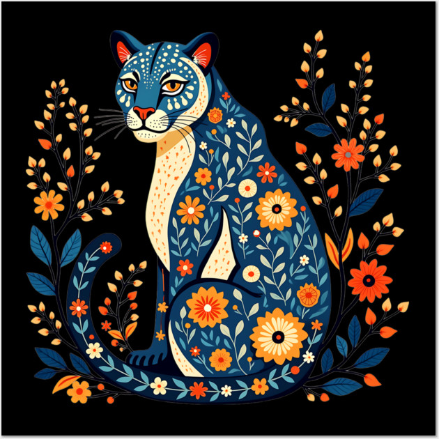 Floral Cat Illustration with Vibrant Flowers2 Wall Art by BirdsnStuff