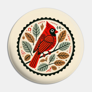 Vintage Folk Art Cardinal Bird Illustration Pin
