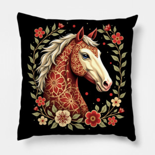 Floral Folk Art Horse Illustration Pillow