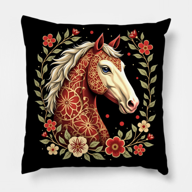Floral Folk Art Horse Illustration Pillow by BirdsnStuff