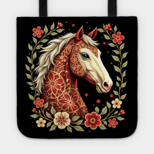 Floral Folk Art Horse Illustration Tote