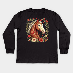 Floral Folk Art Horse Illustration Kids Long Sleeve T-Shirt