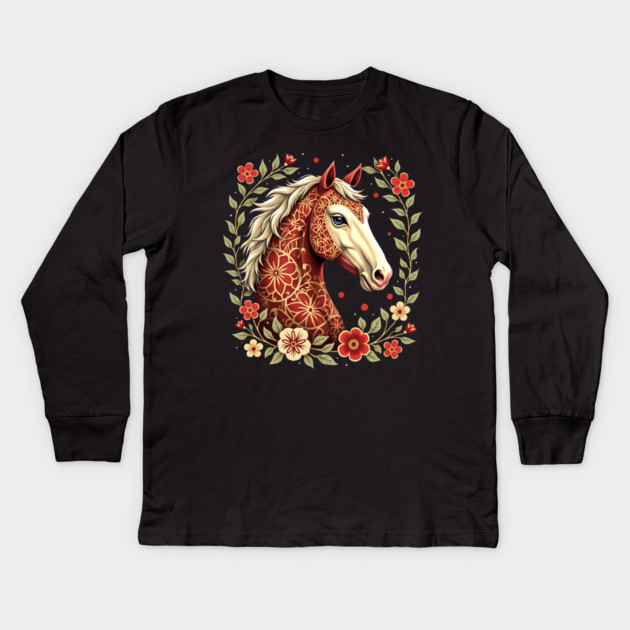 Floral Folk Art Horse Illustration Kids Long Sleeve T-Shirt by BirdsnStuff