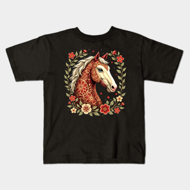 Floral Folk Art Horse Illustration Kids T-Shirt by BirdsnStuff