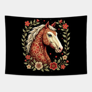 Floral Folk Art Horse Illustration Tapestry
