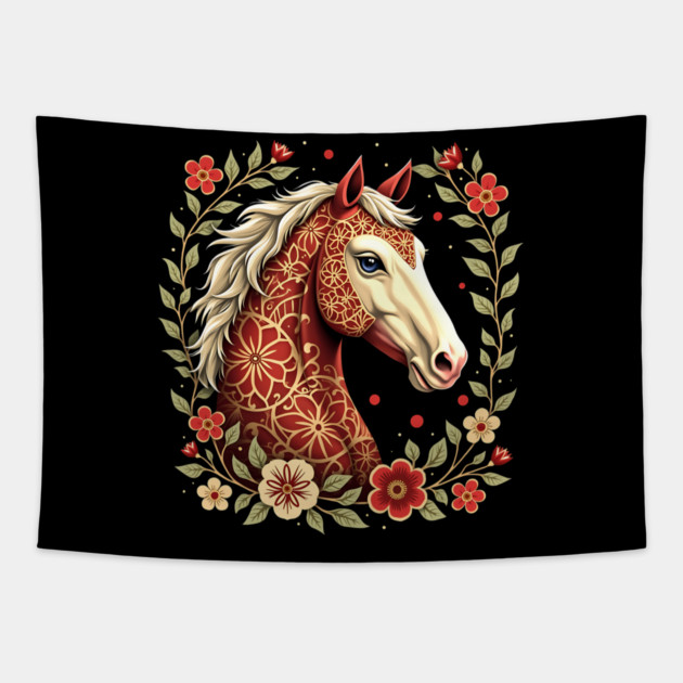 Floral Folk Art Horse Illustration Tapestry by BirdsnStuff
