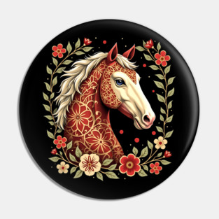 Floral Folk Art Horse Illustration Pin
