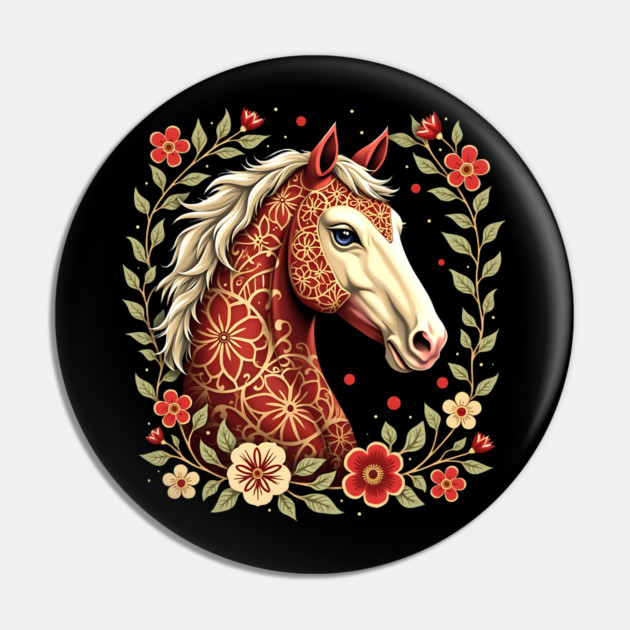 Floral Folk Art Horse Illustration Pin by BirdsnStuff