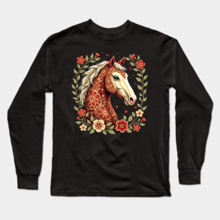 Floral Folk Art Horse Illustration Long Sleeve T-Shirt