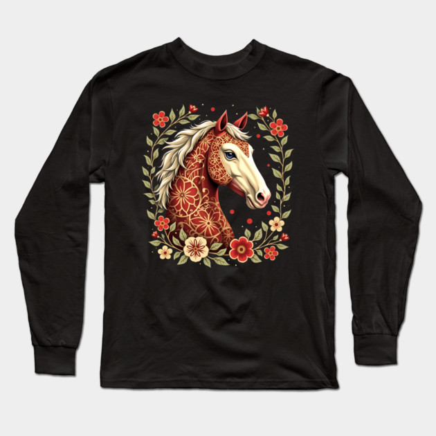 Floral Folk Art Horse Illustration Long Sleeve T-Shirt by BirdsnStuff