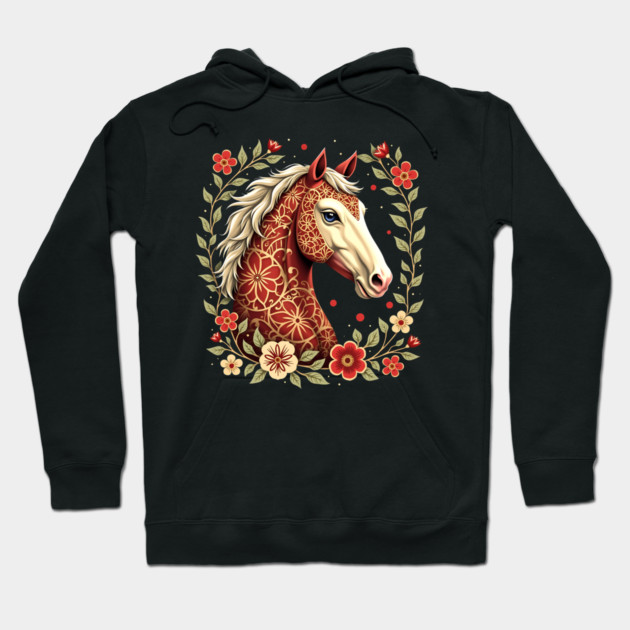 Floral Folk Art Horse Illustration Hoodie by BirdsnStuff