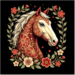Floral Folk Art Horse Illustration Posters and Art