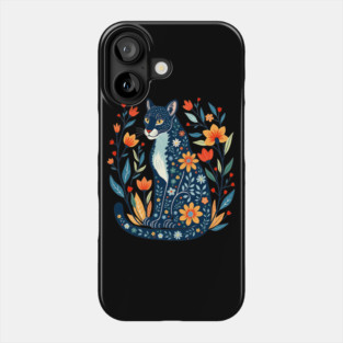 Floral Pattern Cat with Blossoms - Whimsical Nature Art Phone Case