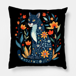 Floral Pattern Cat with Blossoms - Whimsical Nature Art Pillow
