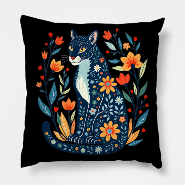 Floral Pattern Cat with Blossoms - Whimsical Nature Art Pillow by BirdsnStuff