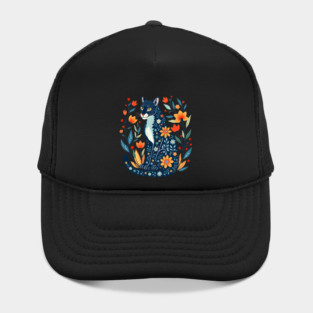Floral Pattern Cat with Blossoms - Whimsical Nature Art Hat
