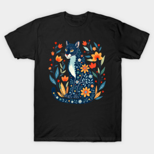 Floral Pattern Cat with Blossoms - Whimsical Nature Art T-Shirt