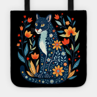 Floral Pattern Cat with Blossoms - Whimsical Nature Art Tote