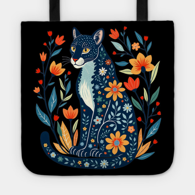 Floral Pattern Cat with Blossoms - Whimsical Nature Art Tote by BirdsnStuff