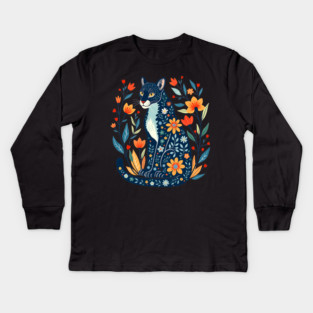 Floral Pattern Cat with Blossoms - Whimsical Nature Art Kids Long Sleeve T-Shirt