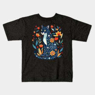 Floral Pattern Cat with Blossoms - Whimsical Nature Art Kids T-Shirt