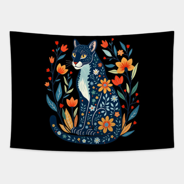 Floral Pattern Cat with Blossoms - Whimsical Nature Art Tapestry by BirdsnStuff