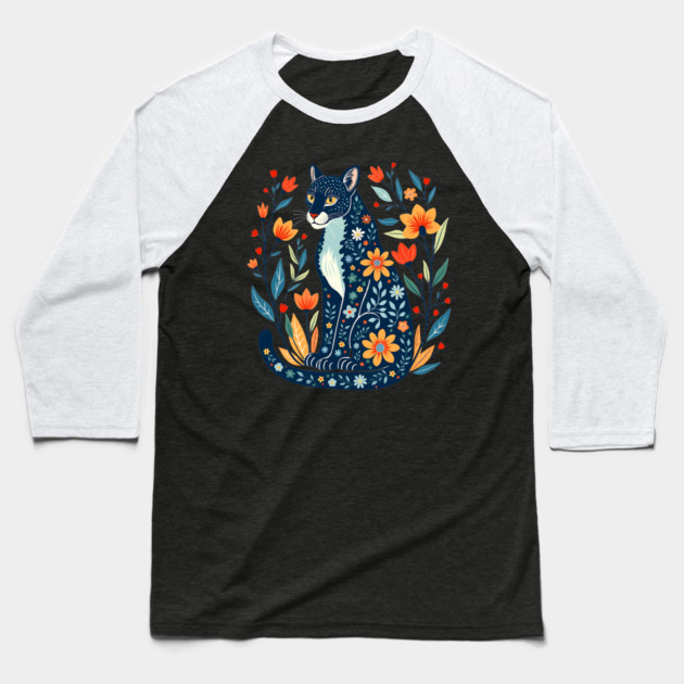 Floral Pattern Cat with Blossoms - Whimsical Nature Art Baseball T-Shirt by BirdsnStuff
