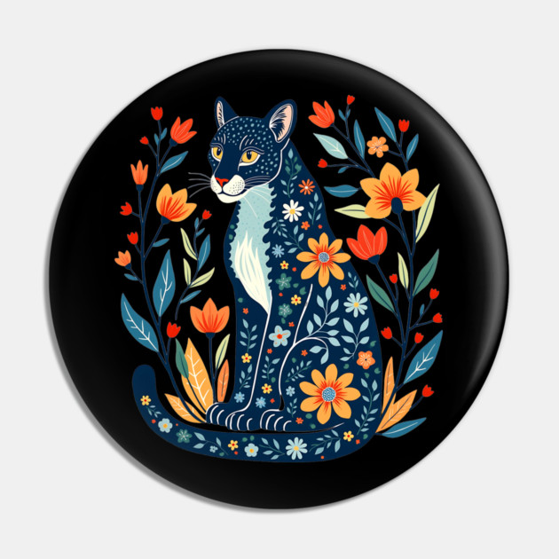 Floral Pattern Cat with Blossoms - Whimsical Nature Art Pin by BirdsnStuff
