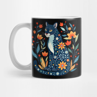 Floral Pattern Cat with Blossoms - Whimsical Nature Art Mug