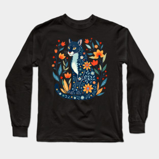 Floral Pattern Cat with Blossoms - Whimsical Nature Art Long Sleeve T-Shirt