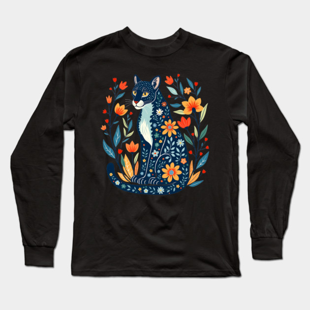 Floral Pattern Cat with Blossoms - Whimsical Nature Art Long Sleeve T-Shirt by BirdsnStuff