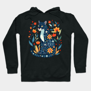 Floral Pattern Cat with Blossoms - Whimsical Nature Art Hoodie