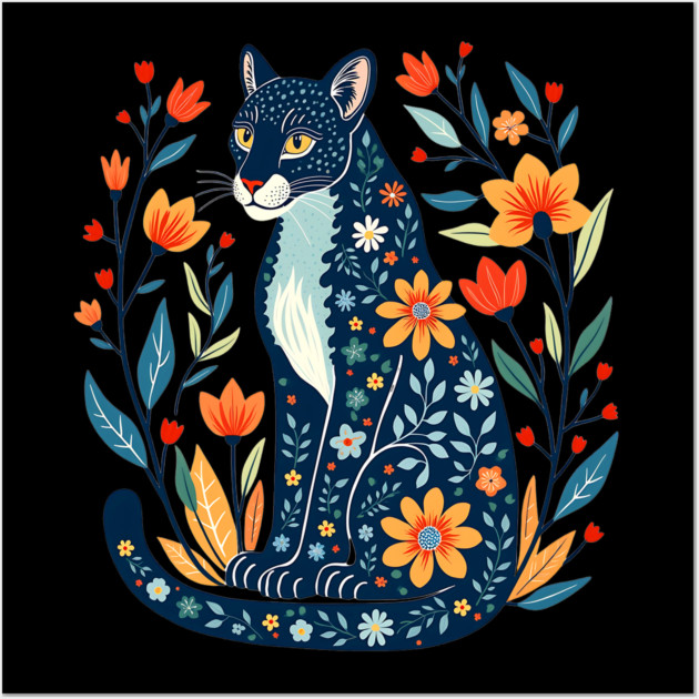 Floral Pattern Cat with Blossoms - Whimsical Nature Art Wall Art by BirdsnStuff