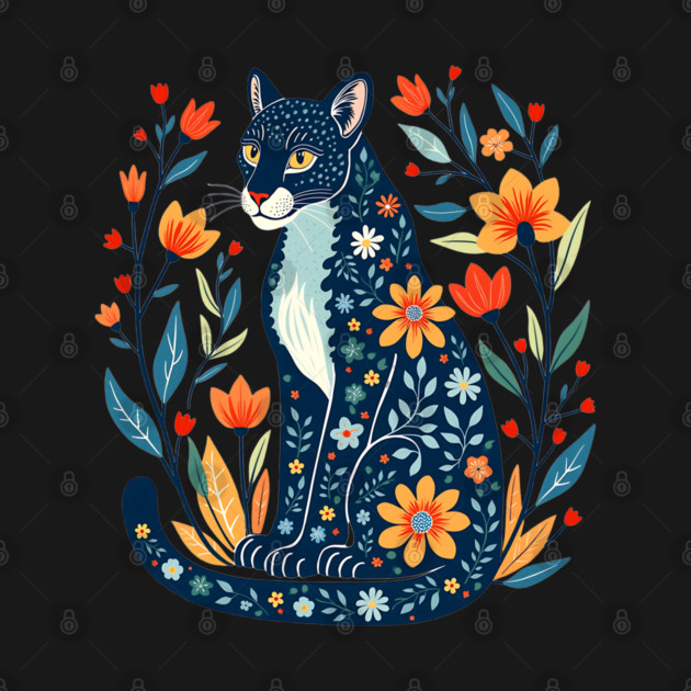 Floral Pattern Cat with Blossoms - Whimsical Nature Art by BirdsnStuff