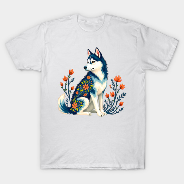 Husky with Floral Patterns and Orange Blossoms T-Shirt by BirdsnStuff