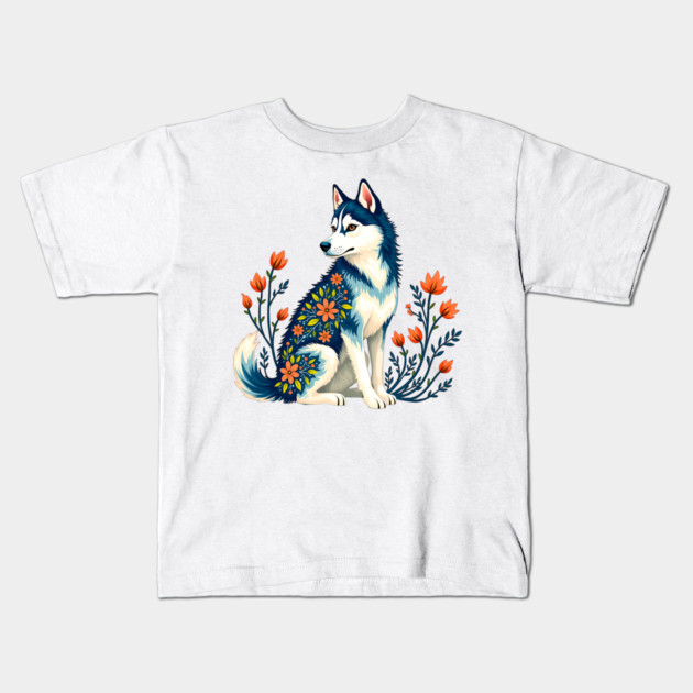 Husky with Floral Patterns and Orange Blossoms Kids T-Shirt by BirdsnStuff