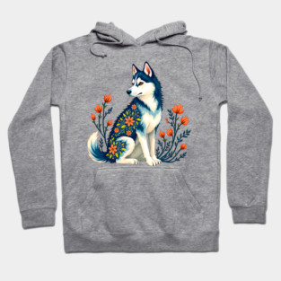 Husky with Floral Patterns and Orange Blossoms Hoodie
