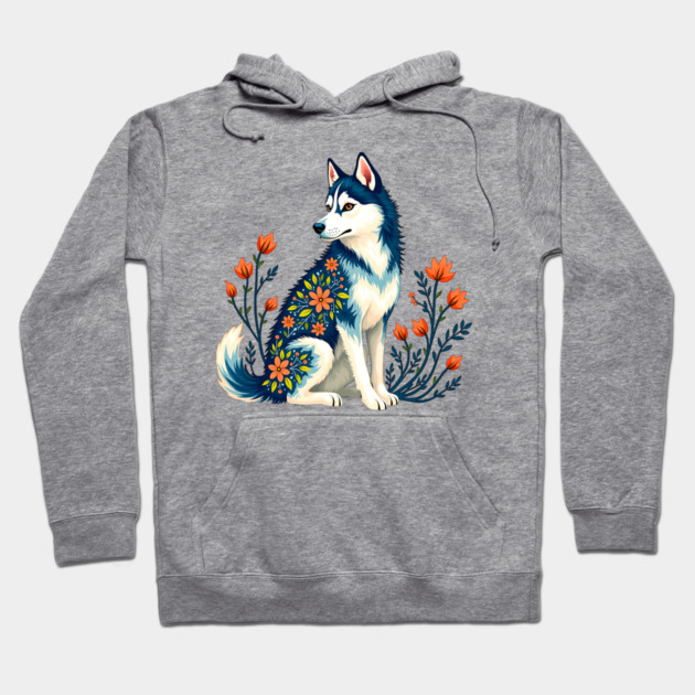 Husky with Floral Patterns and Orange Blossoms Hoodie by BirdsnStuff