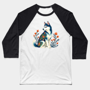 Husky with Floral Patterns and Orange Blossoms Baseball T-Shirt