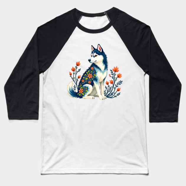Husky with Floral Patterns and Orange Blossoms Baseball T-Shirt by BirdsnStuff