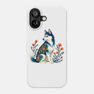 Husky with Floral Patterns and Orange Blossoms Phone Case