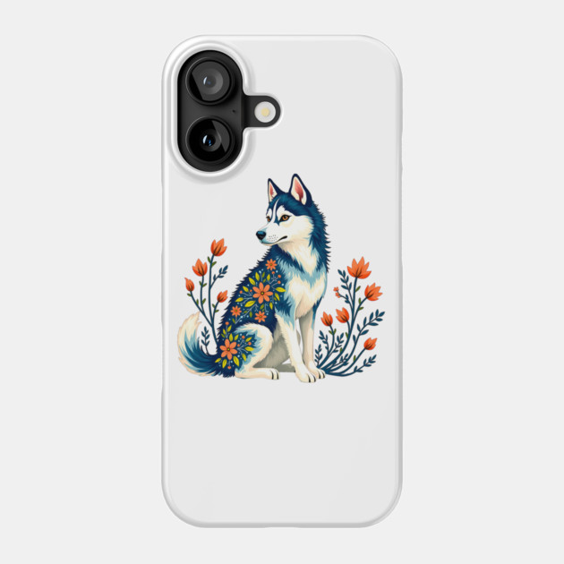 Husky with Floral Patterns and Orange Blossoms Phone Case by BirdsnStuff