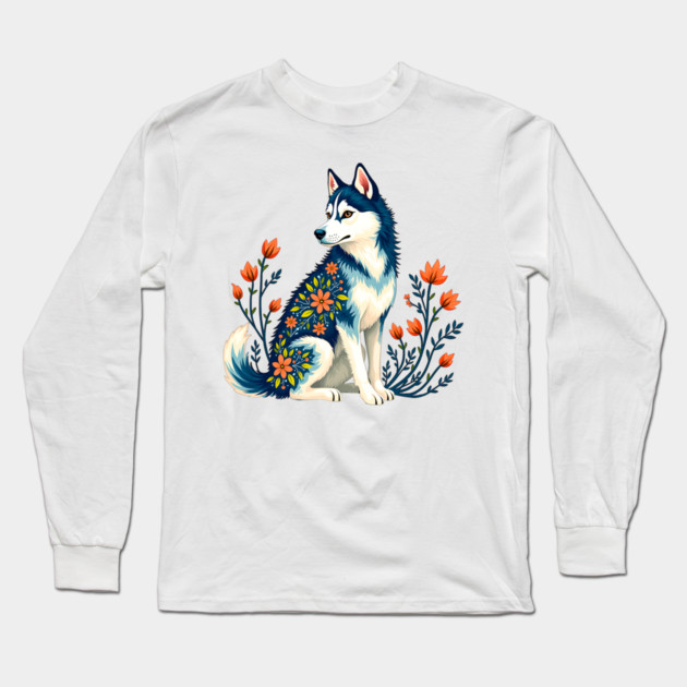 Husky with Floral Patterns and Orange Blossoms Long Sleeve T-Shirt by BirdsnStuff