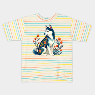 Husky with Floral Patterns and Orange Blossoms Kids T-Shirt