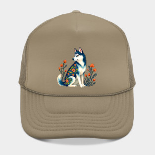 Husky with Floral Patterns and Orange Blossoms Hat
