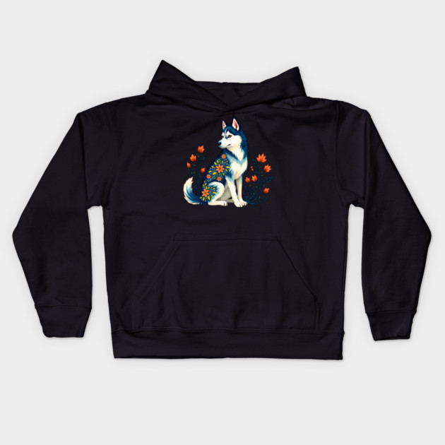 Husky with Floral Patterns and Orange Blossoms Kids Hoodie by BirdsnStuff