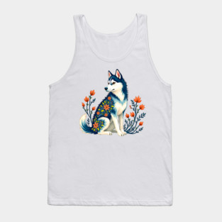 Husky with Floral Patterns and Orange Blossoms Tank Top