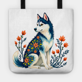 Husky with Floral Patterns and Orange Blossoms Tote