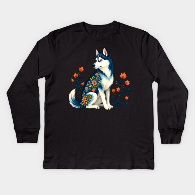 Husky with Floral Patterns and Orange Blossoms Kids Long Sleeve T-Shirt by BirdsnStuff