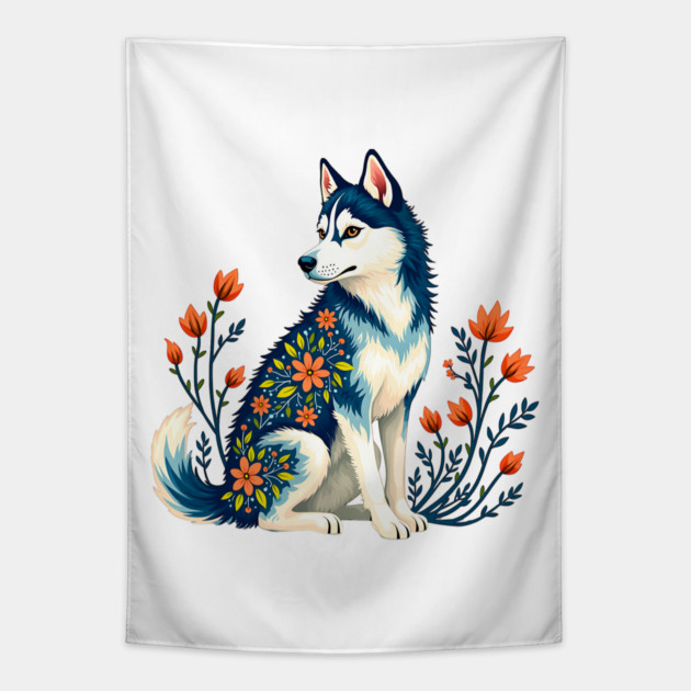 Husky with Floral Patterns and Orange Blossoms Tapestry by BirdsnStuff